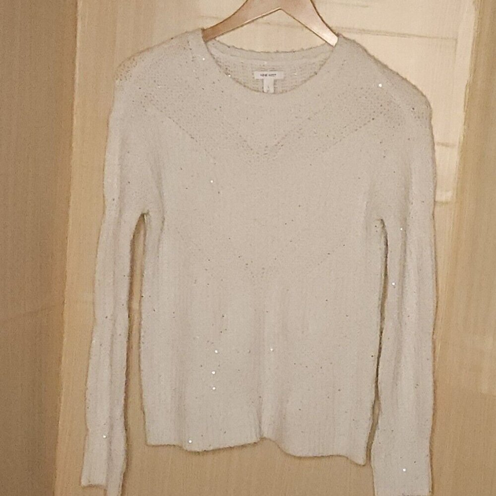 Nine West White Soft Sweater Silver Sparkle Detail Small